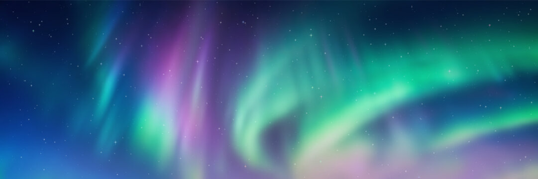 Polar lights, aurora borealis, starry sky, northern landscapes, vector illustration