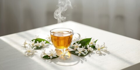 Hot jasmine tea served in a cup with fresh flowers on a white wooden table, ideal for creating a calming background for relaxation or layout design