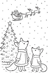Vintage-style black-and-white coloring page of two fox sisters in winter coats gazing at Santa flying across the snowy sky above a decorated outdoor Christmas tree. Cozy festive scene for kids.