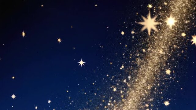 A dark blue expanse sprinkled with twinkling stars, and a luminous starry streak