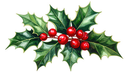 Watercolor illustration of holly branch with glossy green leaves and red berries (1)