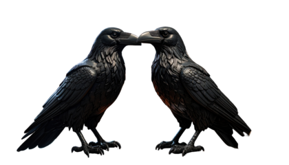 Two black sculpted ravens face each other, beaks almost touching, on a stark black backdrop