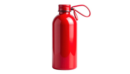 A shiny red water bottle with a looped handle against a stark black backdrop