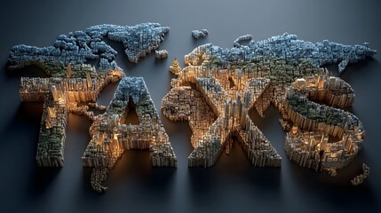 Detailed 3D illust n of the word TAXES constructed from intricate global map textures representing worldwide financial systems revenue and economic concepts