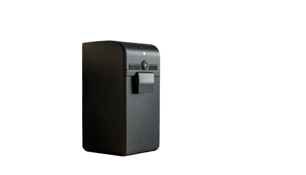 Sleek, matte black electronic device with a camera and sensors, isolated on black