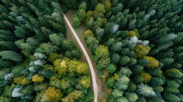 Beautiful aerial view of a drone of deciduous forest with a dirt road on a summer day - Powered by Adobe
