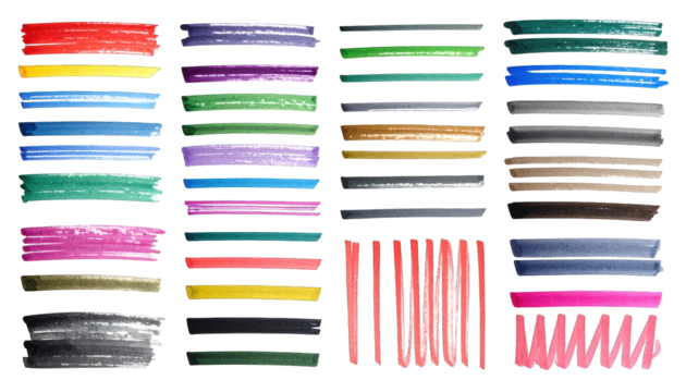 Arranged rows of vibrant, colorful brushstrokes with black outlines on a black background