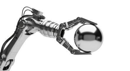 A shiny metallic robotic arm with three fingers precisely gripping a polished chrome sphere against a clean white background.