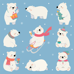 Cartoon polar bear. Funny white bears, winter animal characters. North pole animals drink tea, sledding, hold gift box, sleeping. Children mascots nowaday vector set
