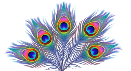 A vibrant fan of five colorful peacock feathers with iridescent eye patterns on a white background.