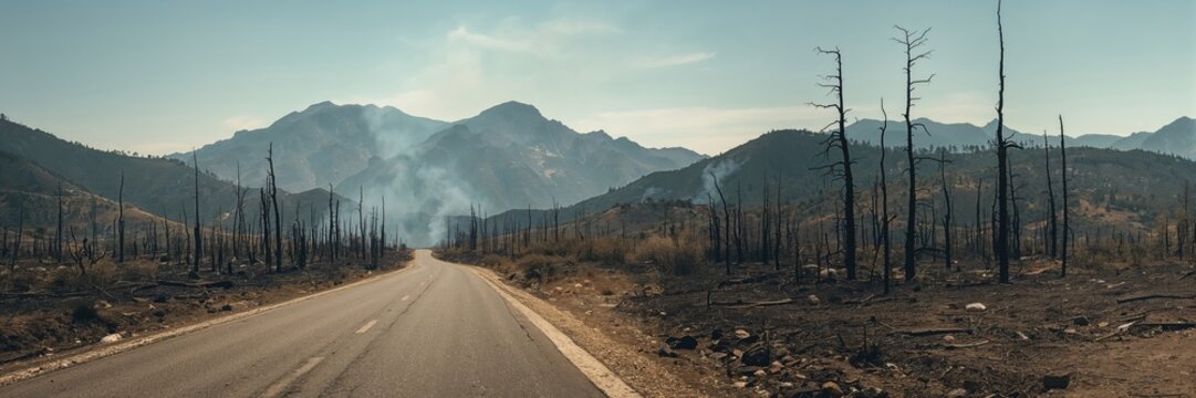 Burned forest landscape with charred tree trunks and mountain terrain after wildfire, landscape recovery, Earth Day - Powered by Adobe