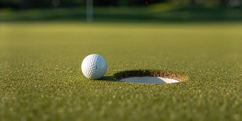 Golf ball and hole on a summer day, outdoor leisure activity with close-up focus, ideal for sports and recreation backgrounds