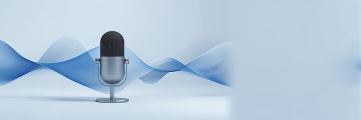 Studio vocal microphone with audio waveform on background used for podcast production, audio editing efficiency
