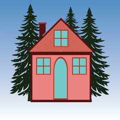 Cozy Winter House with Pine Trees
