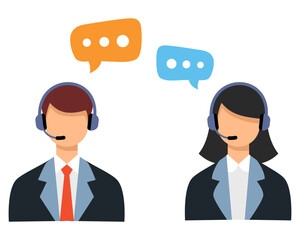 illustration of two call center people, man and woman, communicating vector