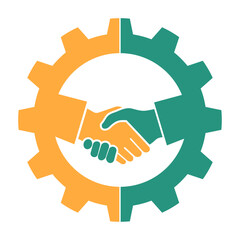 logo of a gear and two hands shaking hands vector