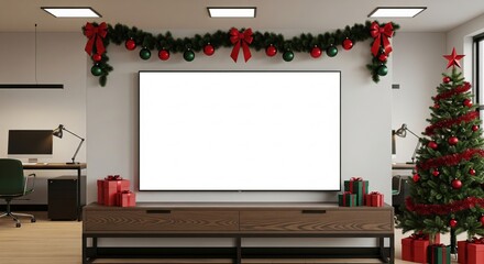 Festive office space adorned with cheerful Christmas decorations and a prominent blank display screen, perfect for showcasing holiday messages or company announcements during the joyful season
