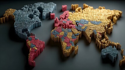 Detailed 3D voxel constructed world map with distinct continental and national segments colored in blue red and yellow representing global data or geopolitical divisions