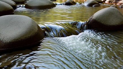 Gentle stream flowing smoothly around river rocks creating a peaceful and calming natural setting, perfect for relaxation and meditation footage