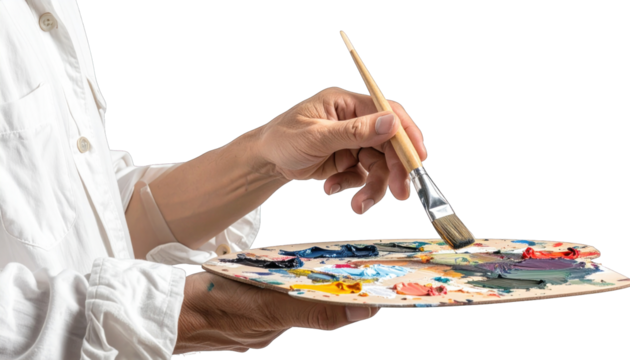 Person in white coat holds palette and paintbrush, ready to create artwork