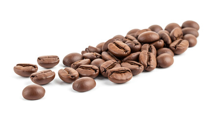 Macro shot of roasted coffee beans on a white background, perfect for cafe menus, advertising, or design projects