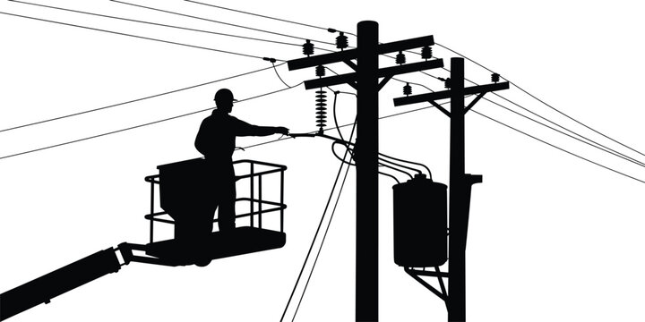 Silhouette of lineman in bucket truck working on power lines and transformer Keywords: lineman, bucket truck, power lines