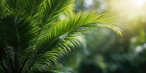 Fototapeta premium New fronds sprout from a palm tree, emphasizing seasonal growth patterns, Earth Day