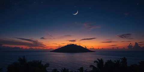 Crescent moon and stars over a Pacific island at sunset, emphasizing natural celestial illumination