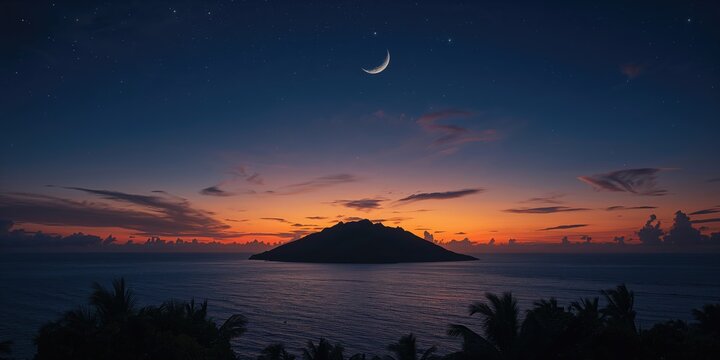 Crescent moon and stars over a Pacific island at sunset, emphasizing natural celestial illumination