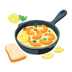 Garlic butter shrimp scampi with lemon and herbs in a cast iron skillet for savory seafood appetizer - Vector Illustration