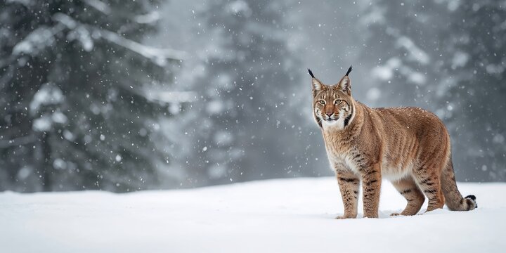 Snowy forest clearing with a wild lynx, emphasizing winter wildlife behavior, Eurasian Lynx, wildlife scene from winter nature