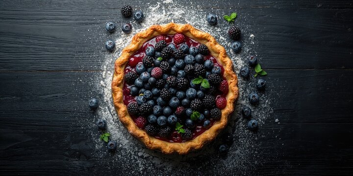 Rustic berry tart on dark wooden surface, emphasizing natural ingredients for a wholesome breakfast, World Food Day - Powered by Adobe