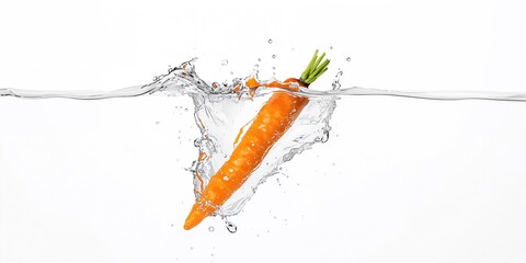 White background with a splash of orange carrot, emphasizing freshness and vibrant color contrast