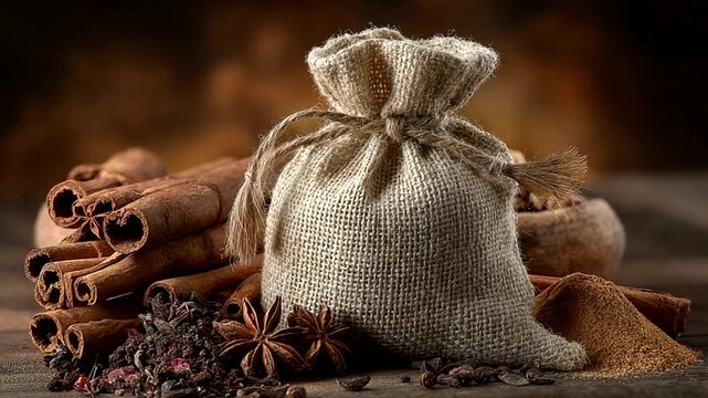 A burlap sack filled with spices surrounded by cinnamon sticks and herbs