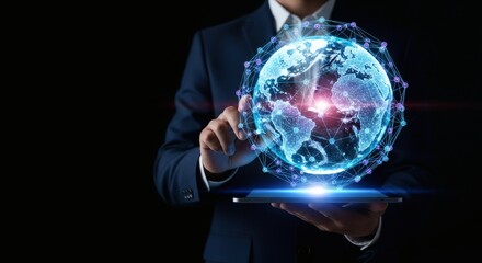 Global Connection Man navigates digital world on tablet with dark background.