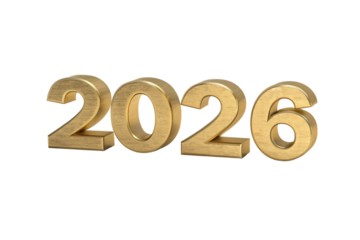 Numbers 2026, golden 3D with metallic sheen, cutout, PNG isolated on white or transparent background