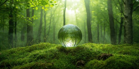 Crystal ball resting on moss in a green forest, emphasizing environmental preservation and natural sustainability, Earth Day