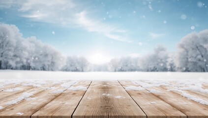 Free space on wooden desk top with snow frost and blue sky background, suitable for layout design or text overlay