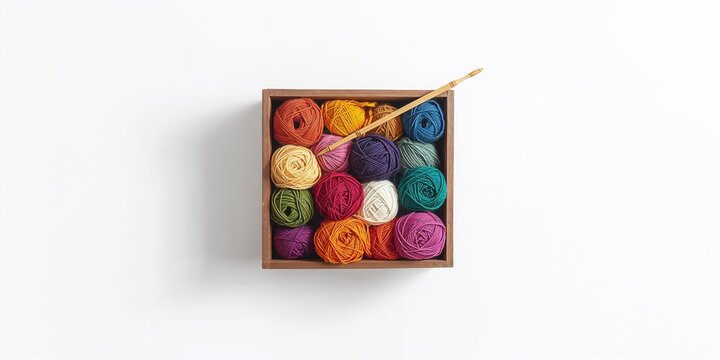 Multicolored wool balls stored in a wooden box with bamboo knitting needles, suitable for crafting, World Wool Day