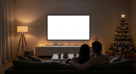 Rear view of a couple enjoying a cozy evening at home, watching a blank screen television together in a dimly lit living room adorned with festive holiday decorations and warm ambient lighting