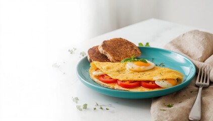 Chicken egg omelet with cheese and tomatoes served on a turquoise plate, emphasizing protein-rich breakfast, World Egg Day