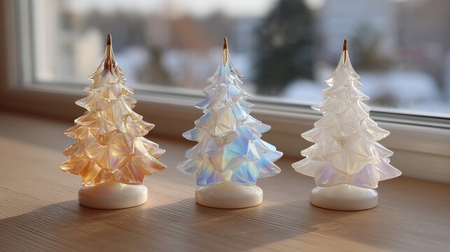 Christmas trees from holographic plastic shining with garlands