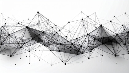 白と黒のネットワーク構造が起伏するモノクロ3D抽象背景
