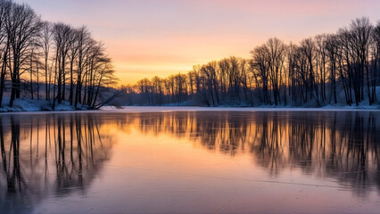 Obraz premium Frozen lake reflecting trees under soft sunset light, peaceful and quiet winter mood