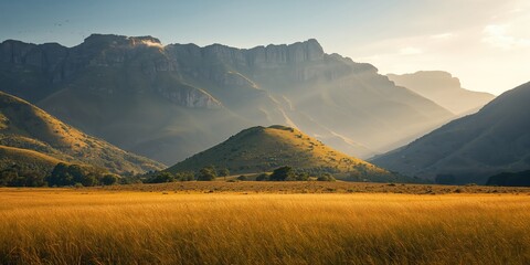 Drakensberg mountain view with lush green and yellow grass, emphasizing seasonal change