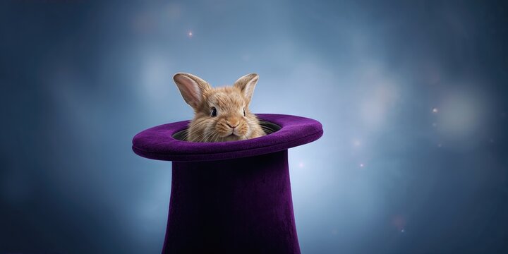 Small rabbit hidden in a magic hat, emphasizing concealment and surprise