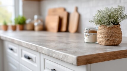 Close up of texture of worktop in kitchen at home, copy space