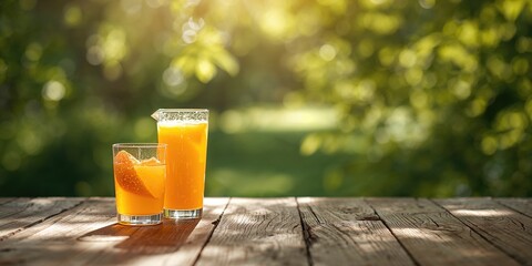 Glass and pitcher of orange juice on wooden table in natural setting, highlighting fresh fruit for health awareness