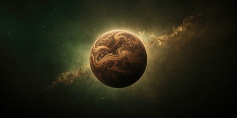 Brown planet encircled by zodiac symbols amid cosmic smoke, emphasizing astrology and universe themes, Earth Day