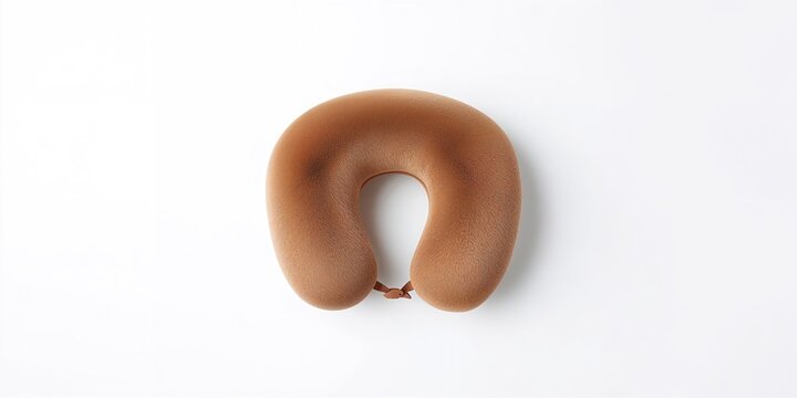 Travel neck pillow in brown foam material designed for airplane sleep support, ideal for fatigue reduction